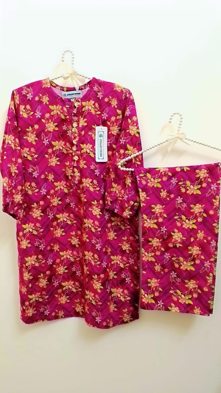 Premium Khaddar Floral Printed Suit for Girls (Ages 11-12) - Bright Pink