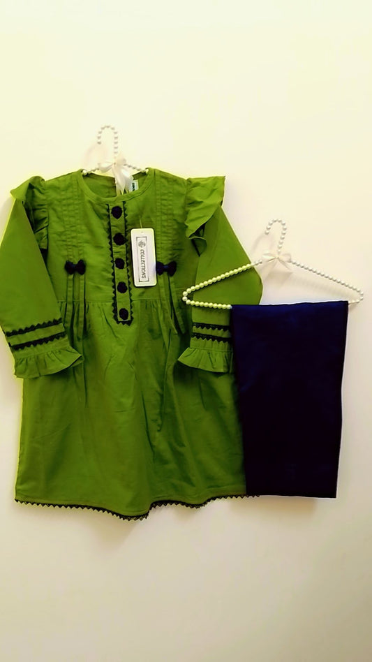 Green and Navy Khaddar Two-Piece Outfit for Girls (Ages 3-4) - Cozy & Trendy Winter Wear