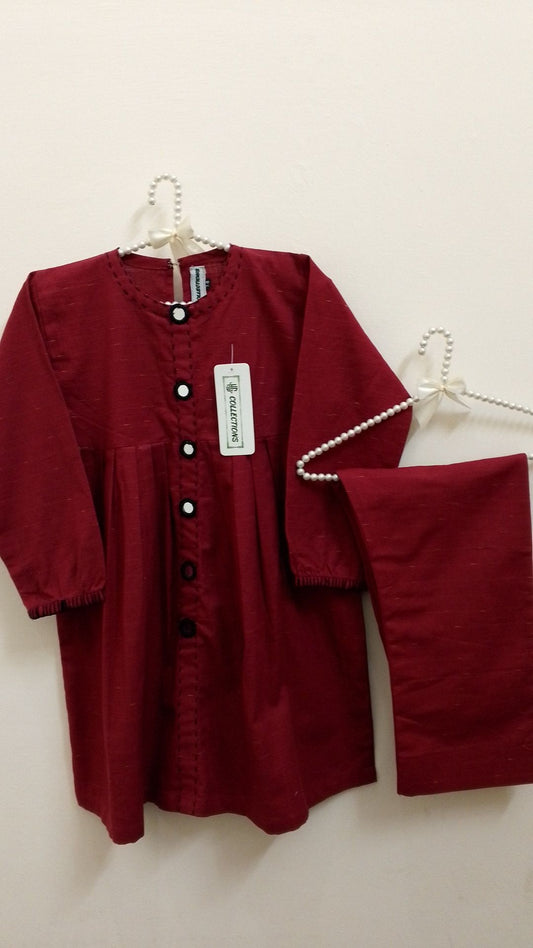 Maroon Khaddar Two-Piece Outfit for Girls (Ages 8-9) - Comfortable, Stitched, and Stylish